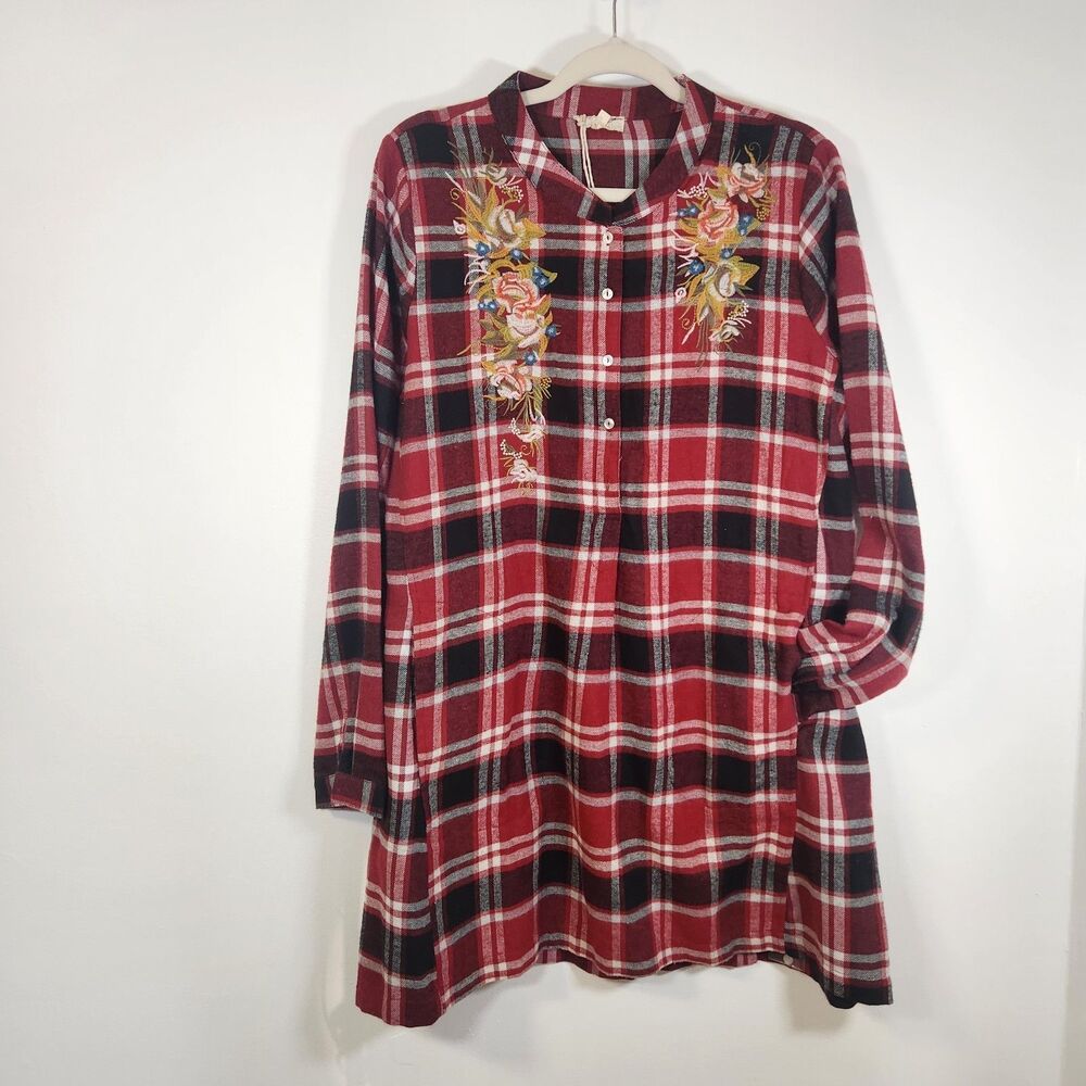 NEW Mystree Red Plaid Flannel Floral Embroidered Cottagecore Tunic Dress LARGE